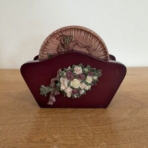 Vintage 3D Rose Bouquet Coaster Set with Matching Holder